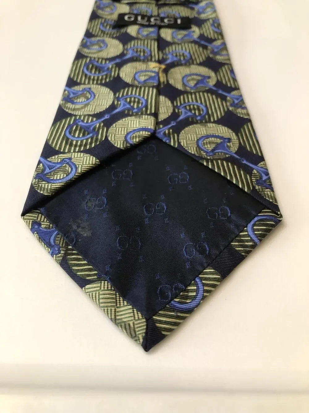 Gucci Tie Mens One Size Blue Silk Horsebit Geometric Equestrian Made In Italy